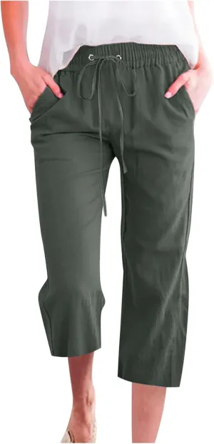 Linen Capri Pants for Women Casual Summer 2024 High Waist Drawstring Wide Leg Lounge Pant Resort Wear Cropped Trouser
