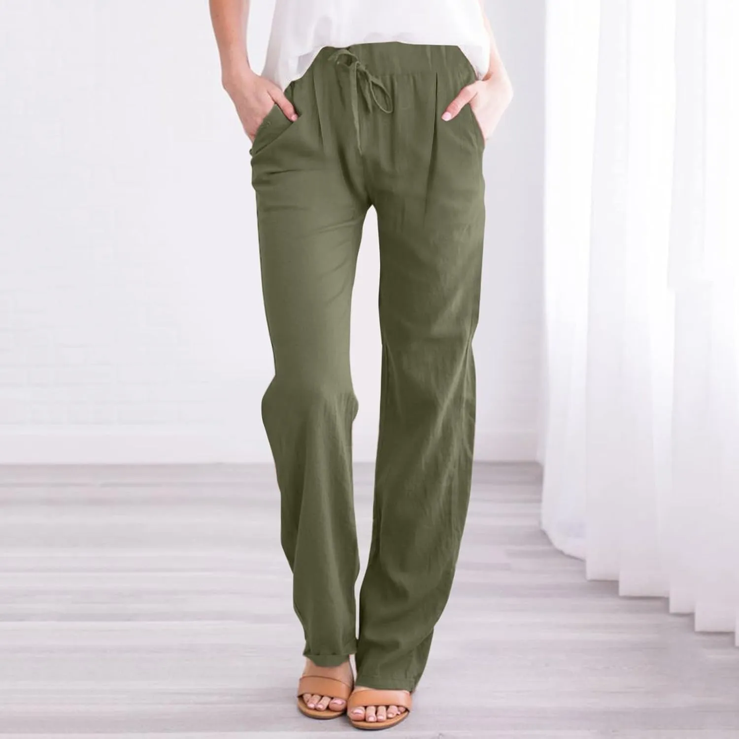 Linen Cotton Pants for Women 2025 High Waist Elastic Straight Leg Lounge Casual Loose Lightweight Beach Trousers