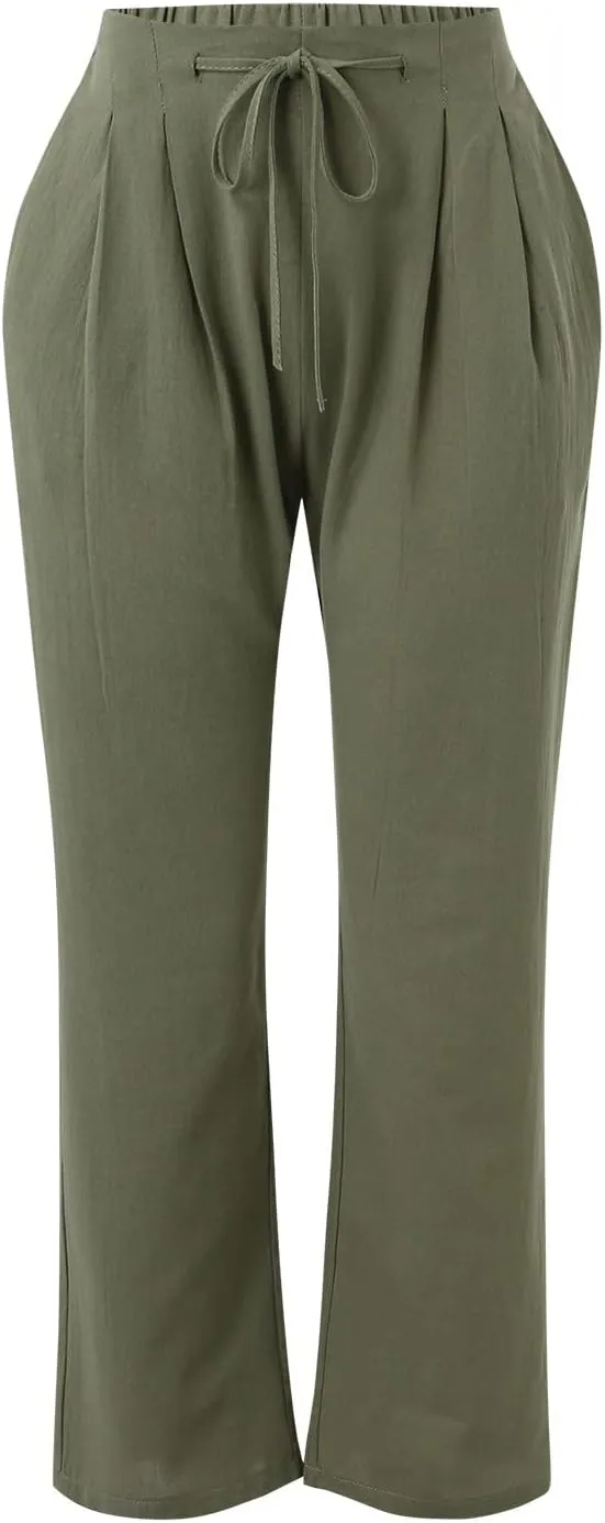 Linen Cotton Pants for Women 2025 High Waist Elastic Straight Leg Lounge Casual Loose Lightweight Beach Trousers