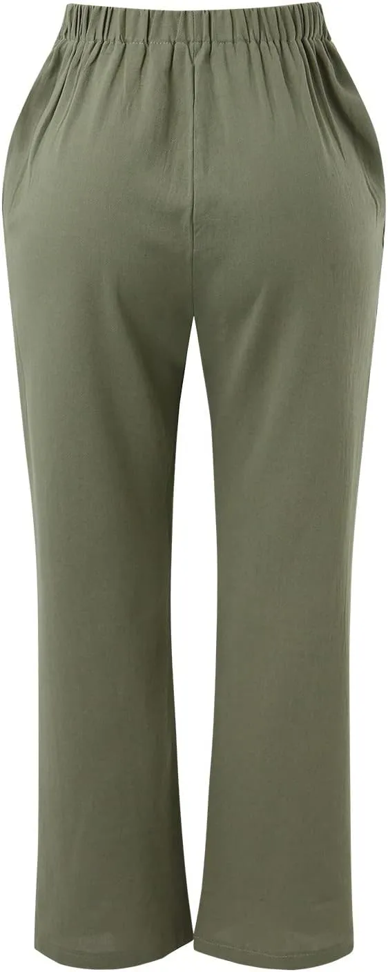 Linen Cotton Pants for Women 2025 High Waist Elastic Straight Leg Lounge Casual Loose Lightweight Beach Trousers