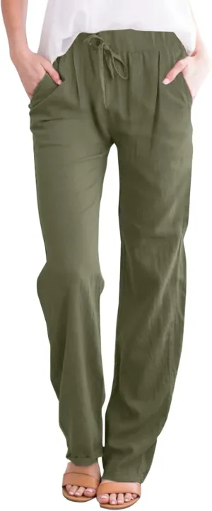 Linen Cotton Pants for Women 2025 High Waist Elastic Straight Leg Lounge Casual Loose Lightweight Beach Trousers