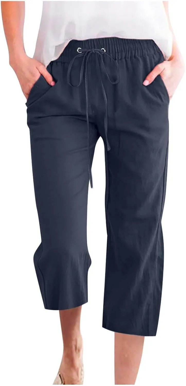 Linen Joggers for Women Capri Pants Cotton Wide Leg High Waisted Dressy Trousers Casual Summer Lounge Trousers