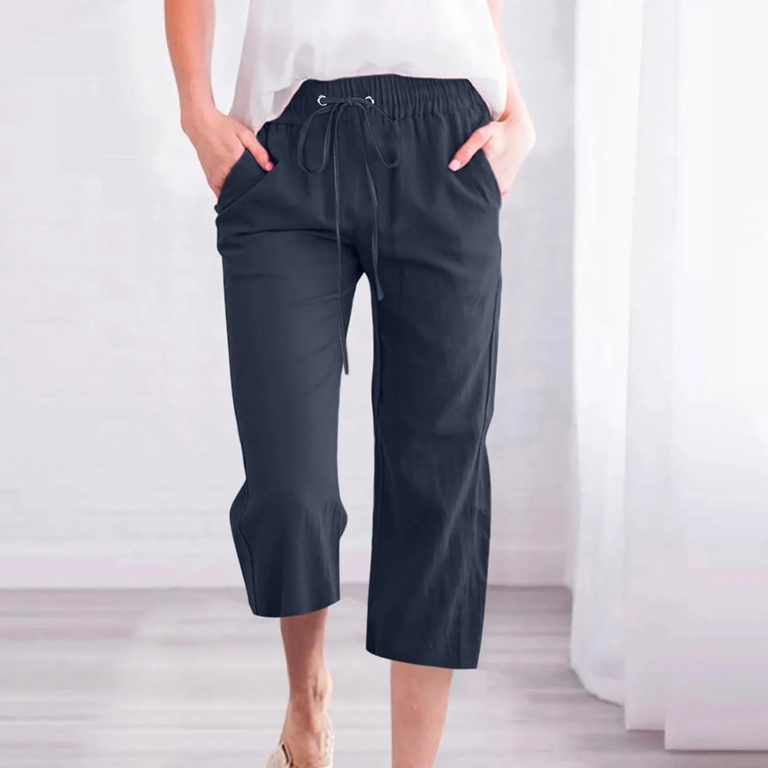 Linen Joggers for Women Capri Pants Cotton Wide Leg High Waisted Dressy Trousers Casual Summer Lounge Trousers