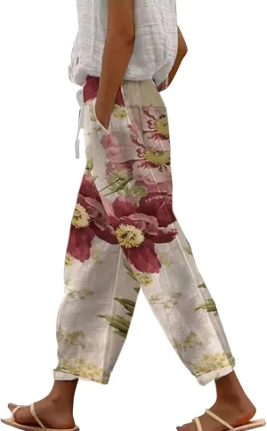 Linen Joggers for Women, Cotton Pants for Women Casual, Lightweight Capri Elastic Waist Straight Leg Trousers Casual Summer Beach Lounge Long Trousers Pantalon Lino Mujer Hot Pink Small