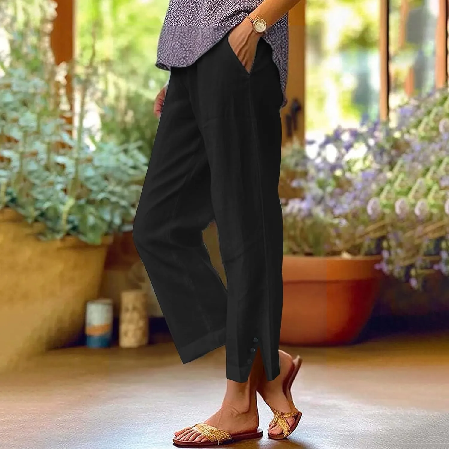 Linen Palazzo Pants for Women Capri Pants Cotton Drawstring High Waisted Trousers Casual Summer Lounge Trousers
