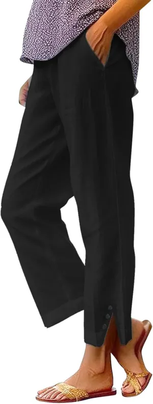 Linen Palazzo Pants for Women Capri Pants Cotton Drawstring High Waisted Trousers Casual Summer Lounge Trousers