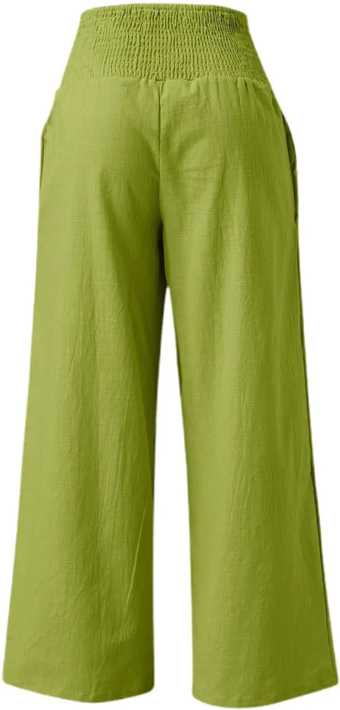 Linen Palazzo Pants for Women High Waist Summer Wide Leg Pants Lightweight Flowy Drawstring Smocked Lounge