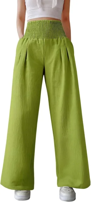 Linen Palazzo Pants for Women High Waist Summer Wide Leg Pants Lightweight Flowy Drawstring Smocked Lounge