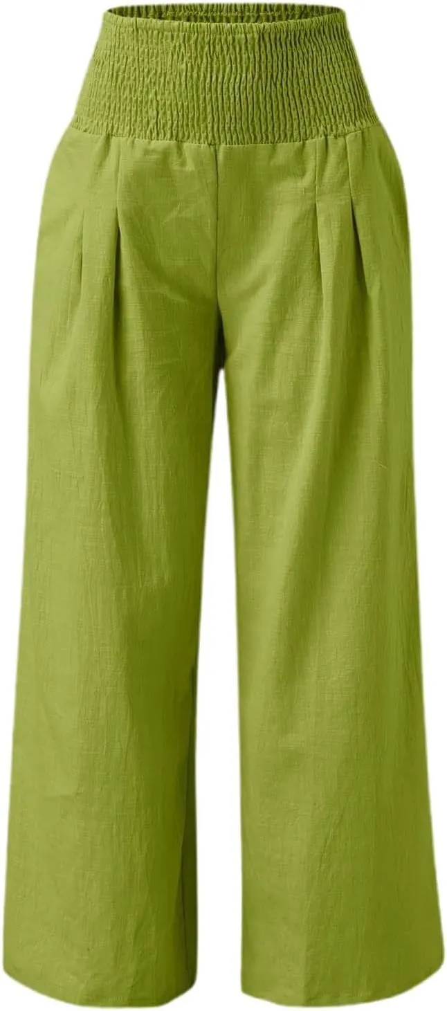 Linen Palazzo Pants for Women High Waist Summer Wide Leg Pants Lightweight Flowy Drawstring Smocked Lounge