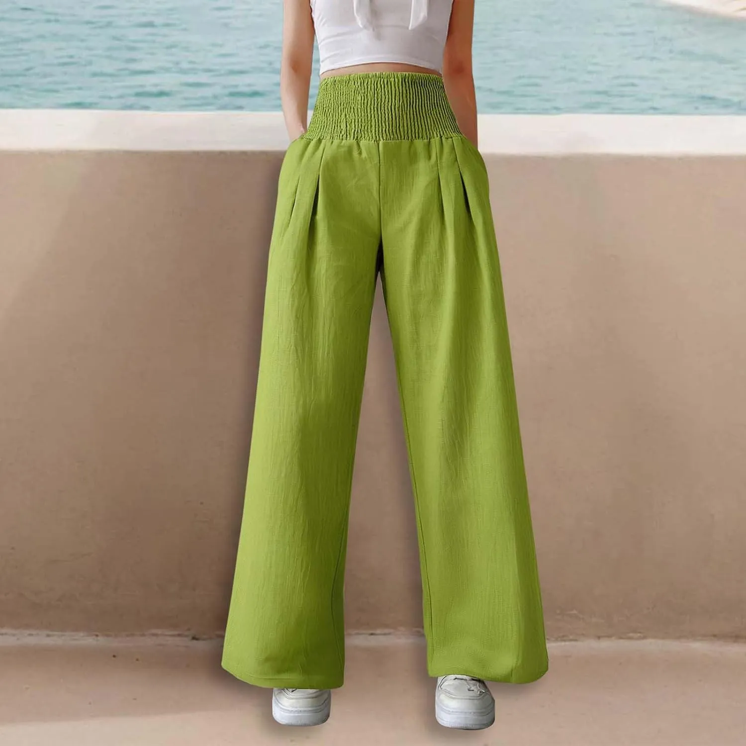 Linen Palazzo Pants for Women High Waist Summer Wide Leg Pants Lightweight Flowy Drawstring Smocked Lounge