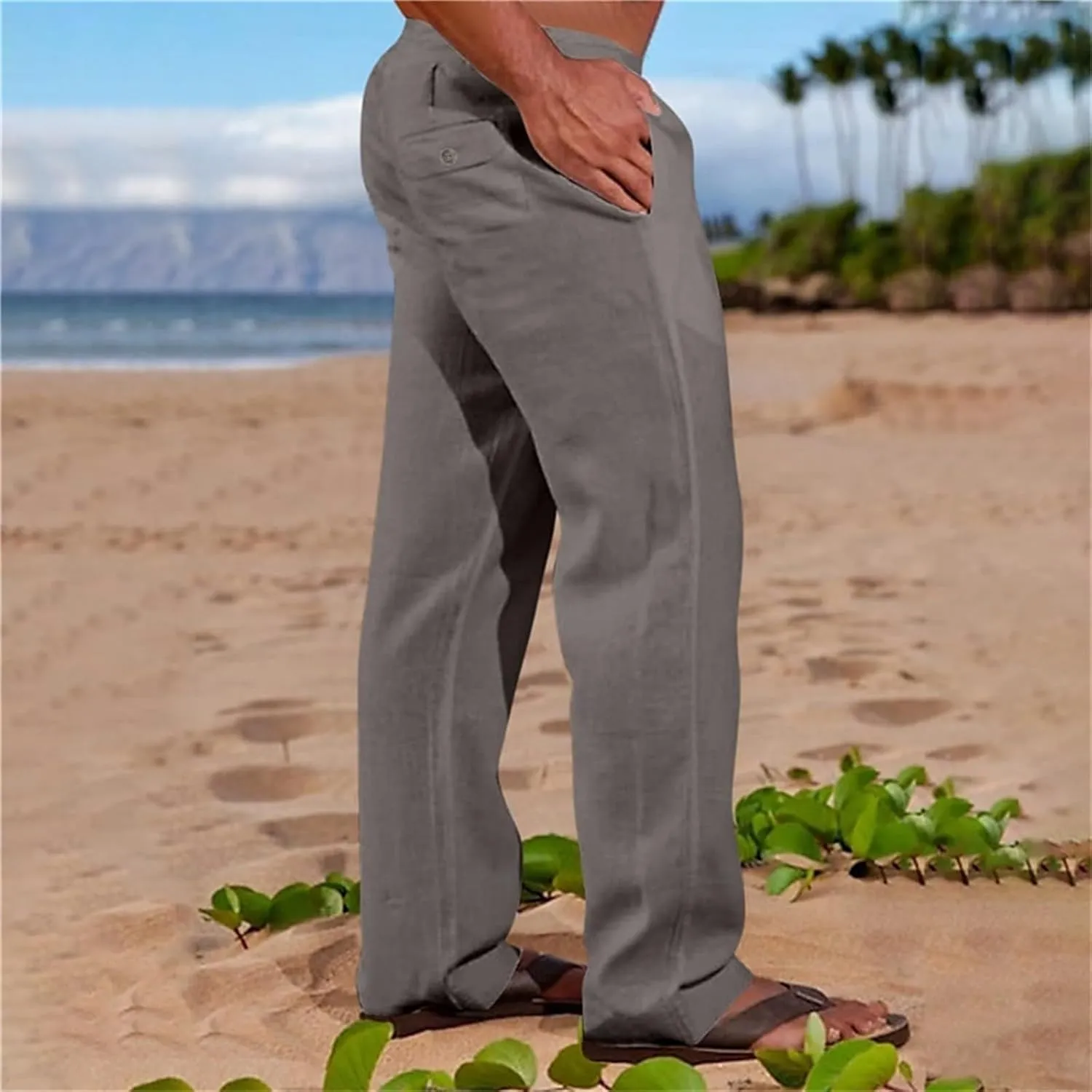 Linen Pants for Men Loose Fit Elastic Drawstring Waist Lounge Beach Pants Summer Casual Straight Leg Dress Trousers