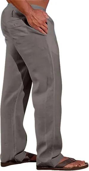 Linen Pants for Men Loose Fit Elastic Drawstring Waist Lounge Beach Pants Summer Casual Straight Leg Dress Trousers