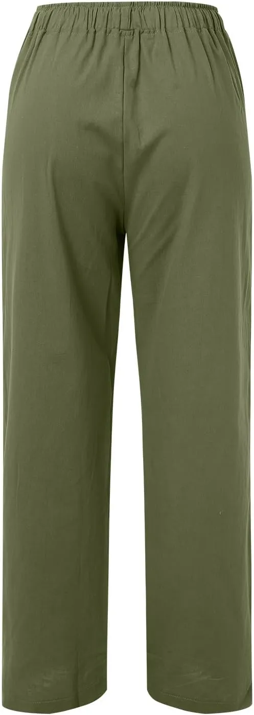 Linen Pants for Women High Waisted Pant Summer Lightweight Cotton Pants Beach Flowy Drawstring Trousers with Pocket