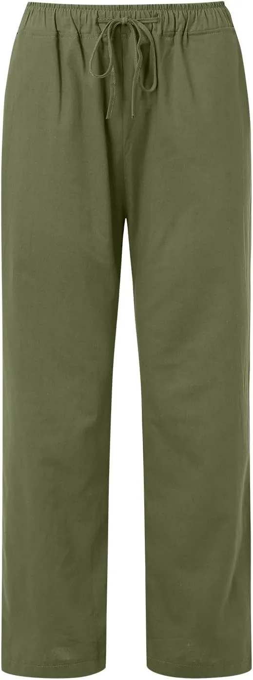 Linen Pants for Women High Waisted Pant Summer Lightweight Cotton Pants Beach Flowy Drawstring Trousers with Pocket