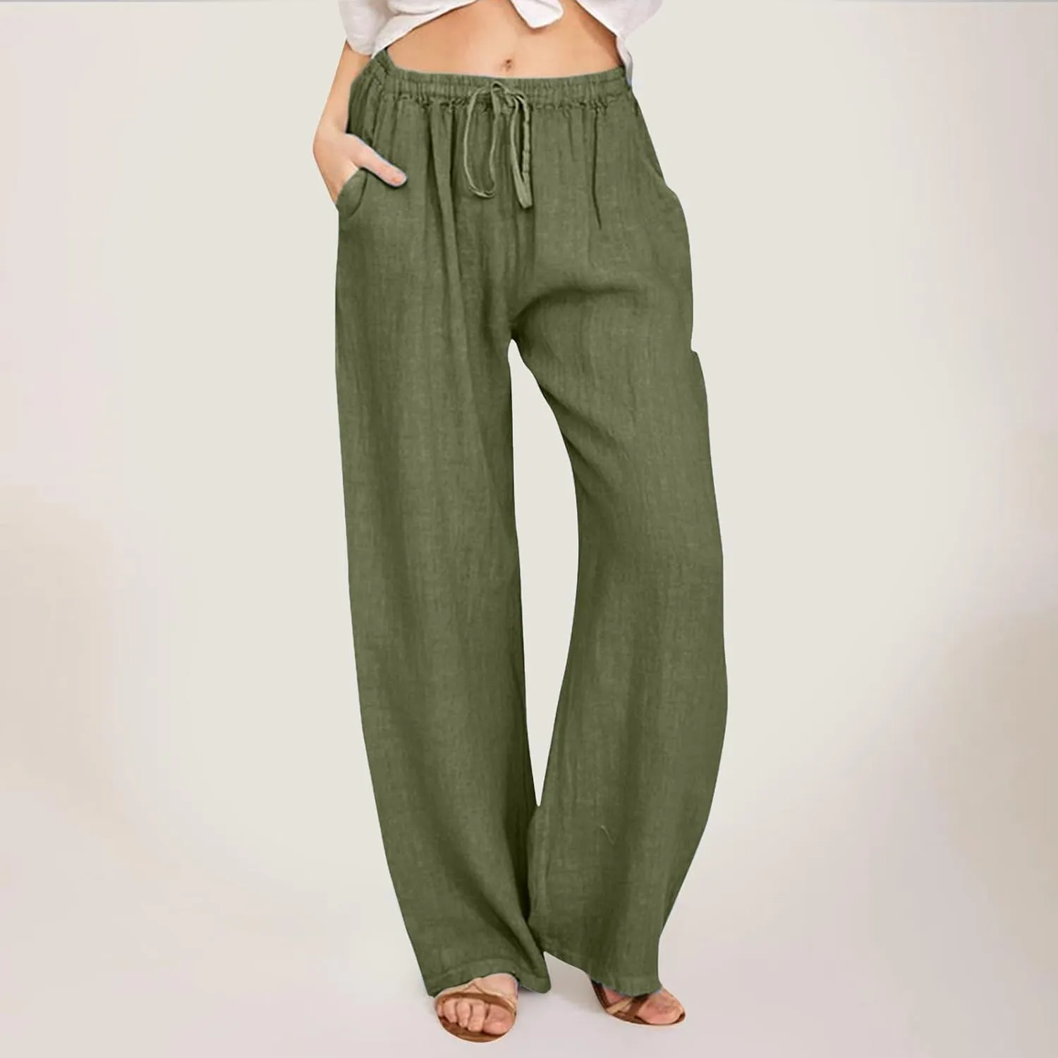 Linen Pants for Women High Waisted Pant Summer Lightweight Cotton Pants Beach Flowy Drawstring Trousers with Pocket