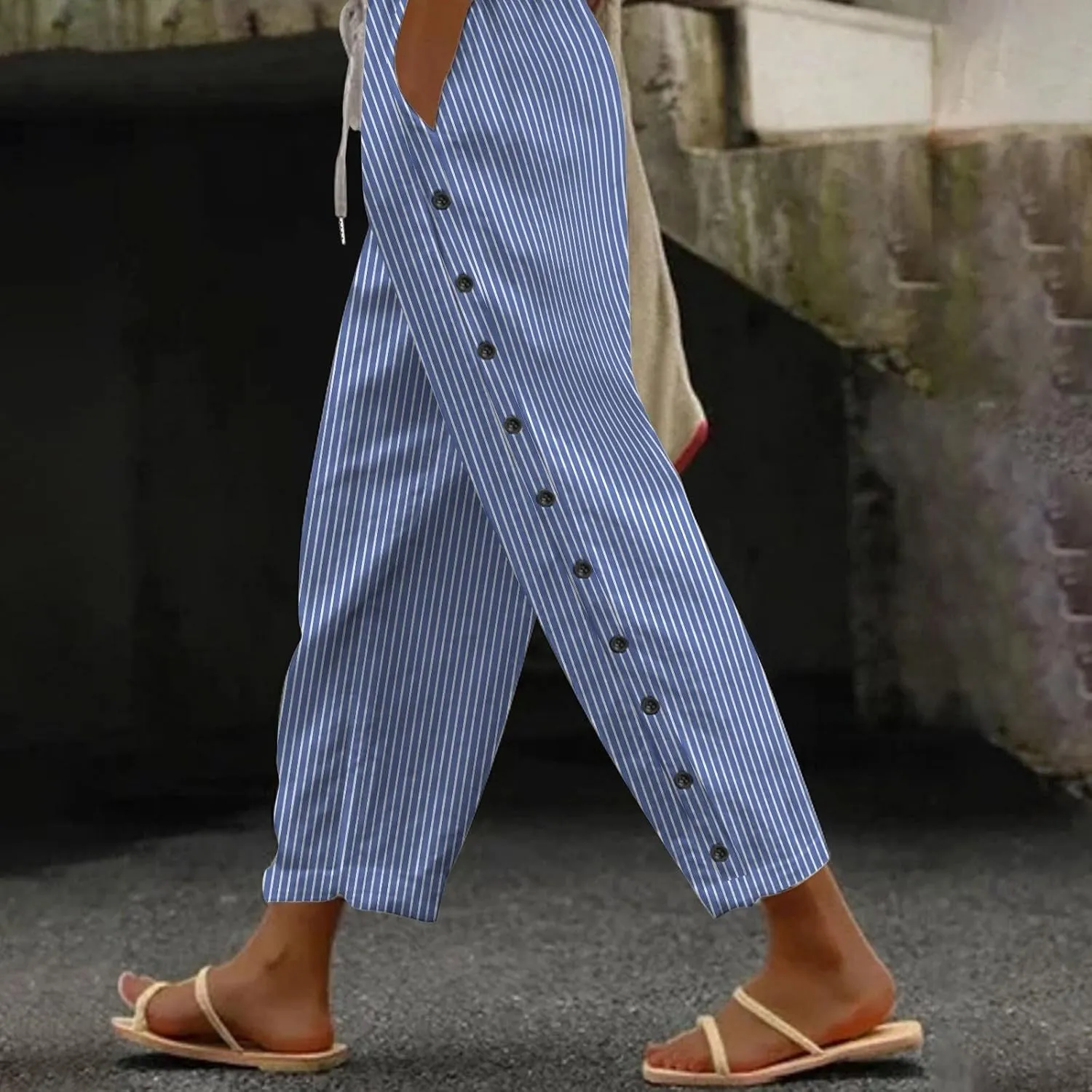 Linen Pants for Women, Peasant Pants Straight Leg Casual Linen Stripe Comfy