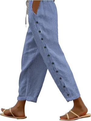 Linen Pants for Women, Peasant Pants Straight Leg Casual Linen Stripe Comfy