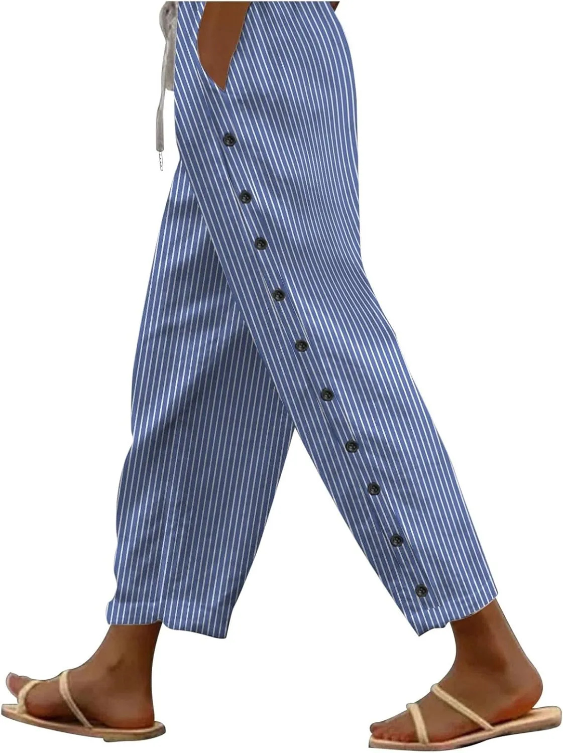 Linen Pants for Women, Peasant Pants Straight Leg Casual Linen Stripe Comfy