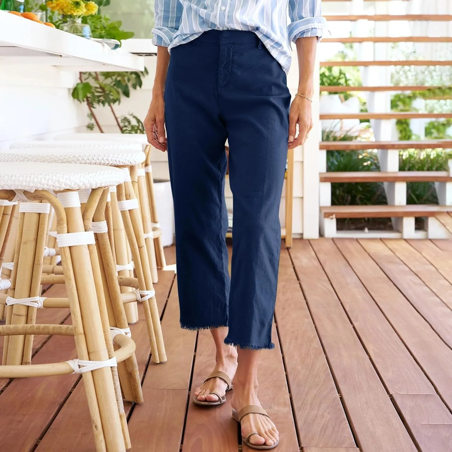 Linen Pants for Women, Straight Leg Casual Pants Drawstring Linen Peasant Teacher