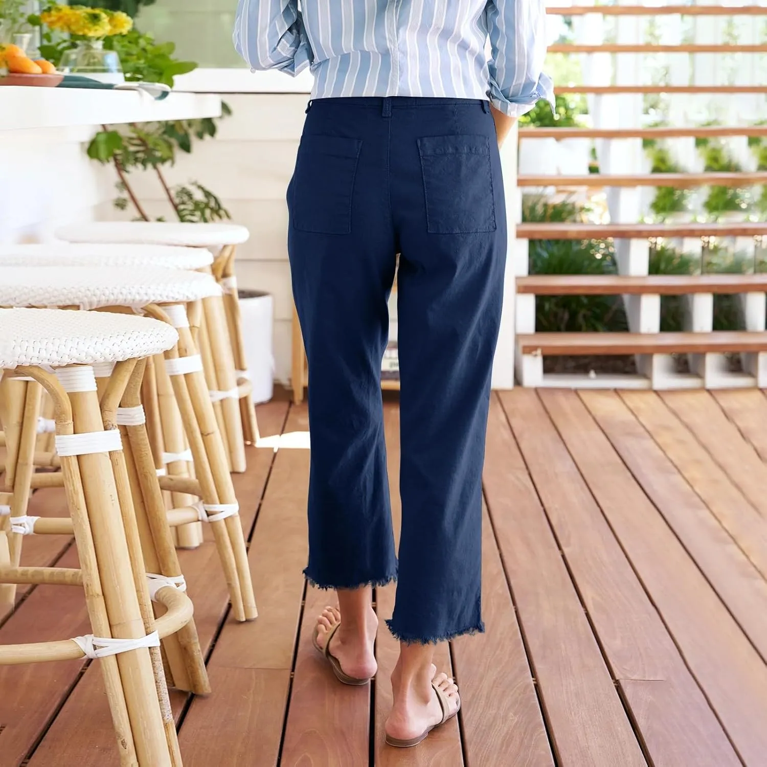 Linen Pants for Women, Straight Leg Casual Pants Drawstring Linen Peasant Teacher