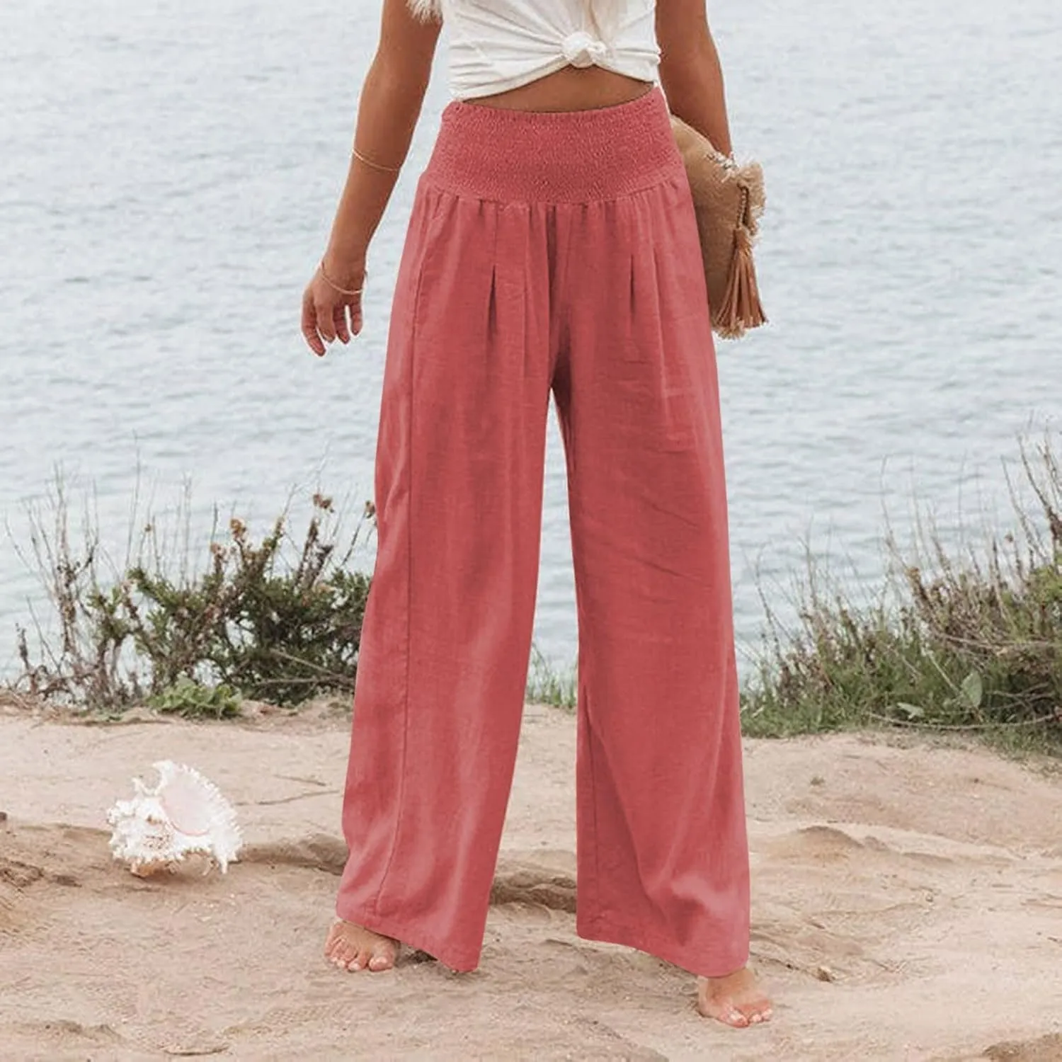 Linen Pants for Women Wide Leg Elastic High Waisted Palazzo Pants Lounge Yoga Trousers Beach Pants with Pockets
