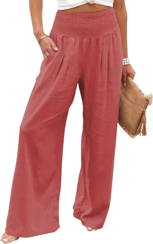 Linen Pants for Women Wide Leg Elastic High Waisted Palazzo Pants Lounge Yoga Trousers Beach Pants with Pockets