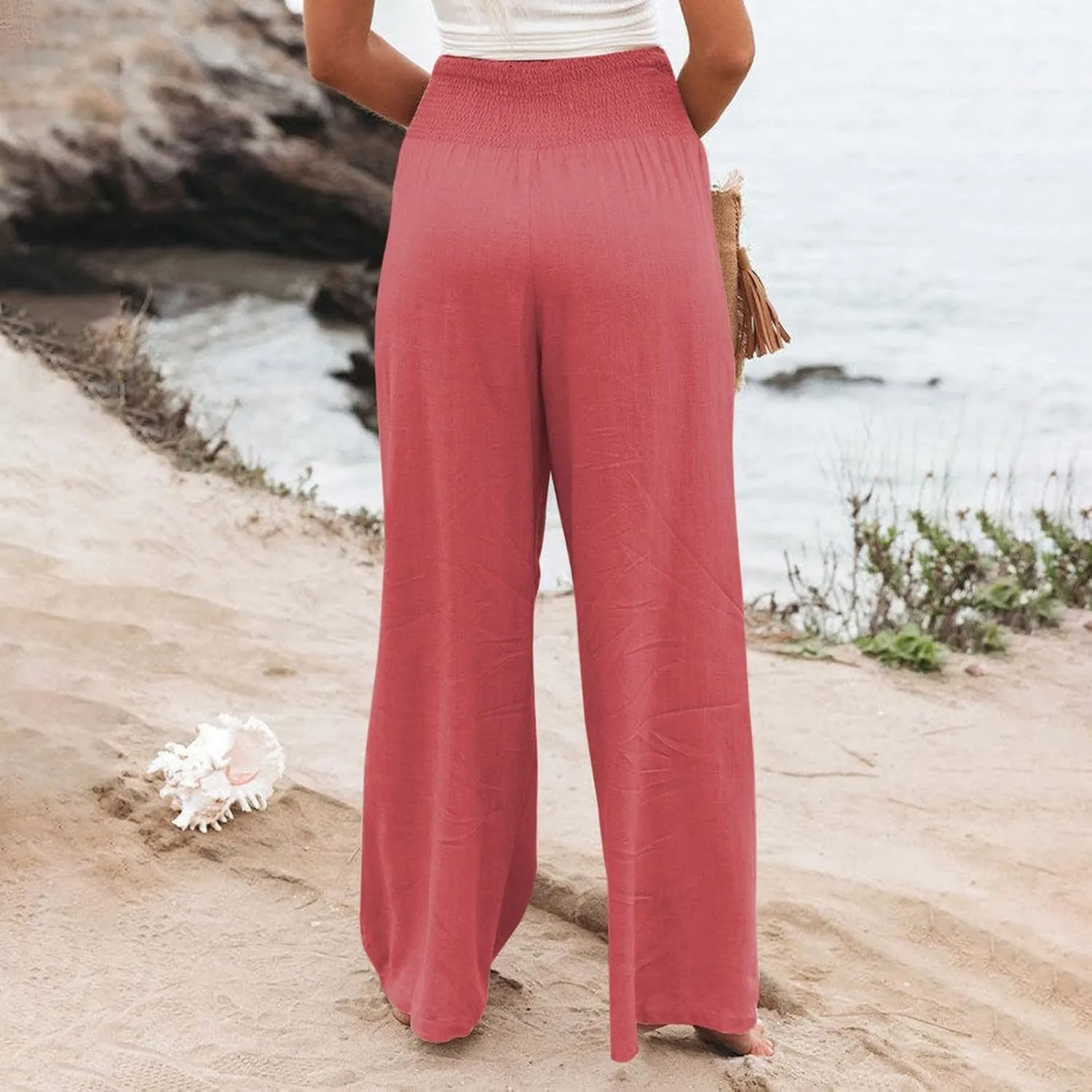 Linen Pants for Women Wide Leg Elastic High Waisted Palazzo Pants Lounge Yoga Trousers Beach Pants with Pockets