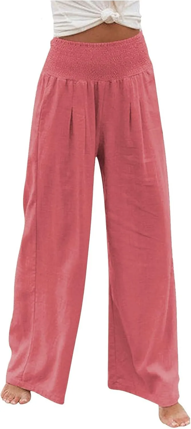 Linen Pants for Women Wide Leg Elastic High Waisted Palazzo Pants Lounge Yoga Trousers Beach Pants with Pockets