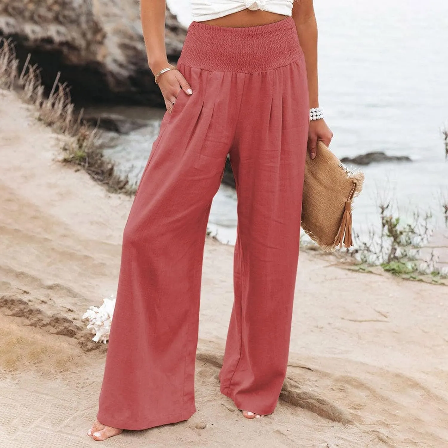 Linen Pants for Women Wide Leg Elastic High Waisted Palazzo Pants Lounge Yoga Trousers Beach Pants with Pockets