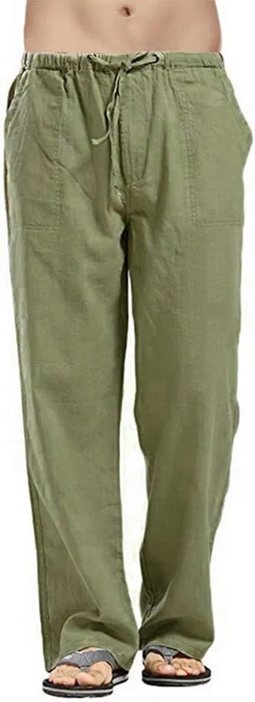 Linen Pants Men Big Tall Casual Cotton Yoga Pants with Pockets Drawstring Elastic Waist Straight-Leg Lightweight Trousers