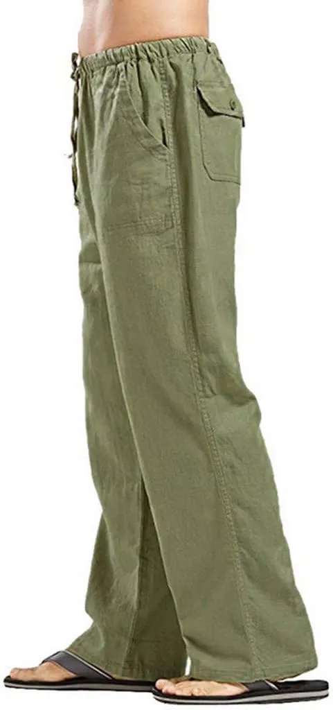 Linen Pants Men Big Tall Casual Cotton Yoga Pants with Pockets Drawstring Elastic Waist Straight-Leg Lightweight Trousers