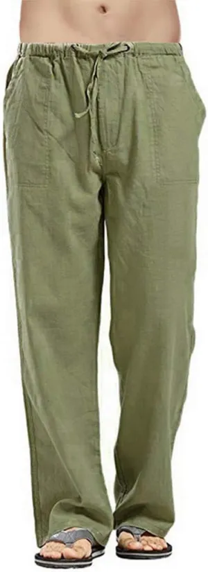 Linen Pants Men Big Tall Casual Cotton Yoga Pants with Pockets Drawstring Elastic Waist Straight-Leg Lightweight Trousers