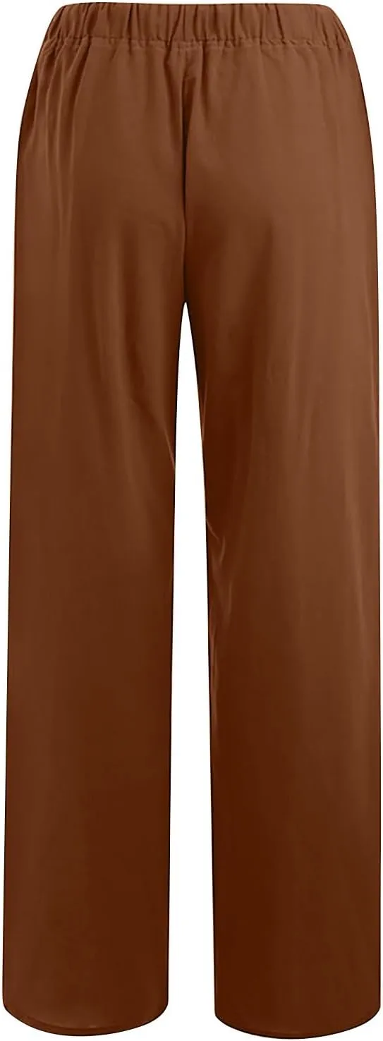 Linen Pants Women 2024 Summer Wide Leg Casual Palazzo Trousers Drawstring Elastic Waist Beach Vacation Outfits