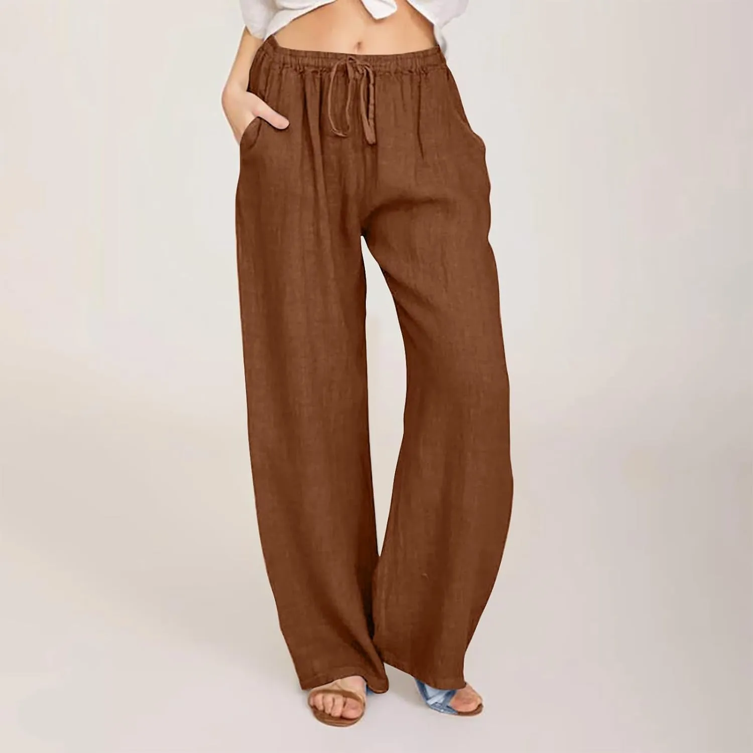 Linen Pants Women 2024 Summer Wide Leg Casual Palazzo Trousers Drawstring Elastic Waist Beach Vacation Outfits
