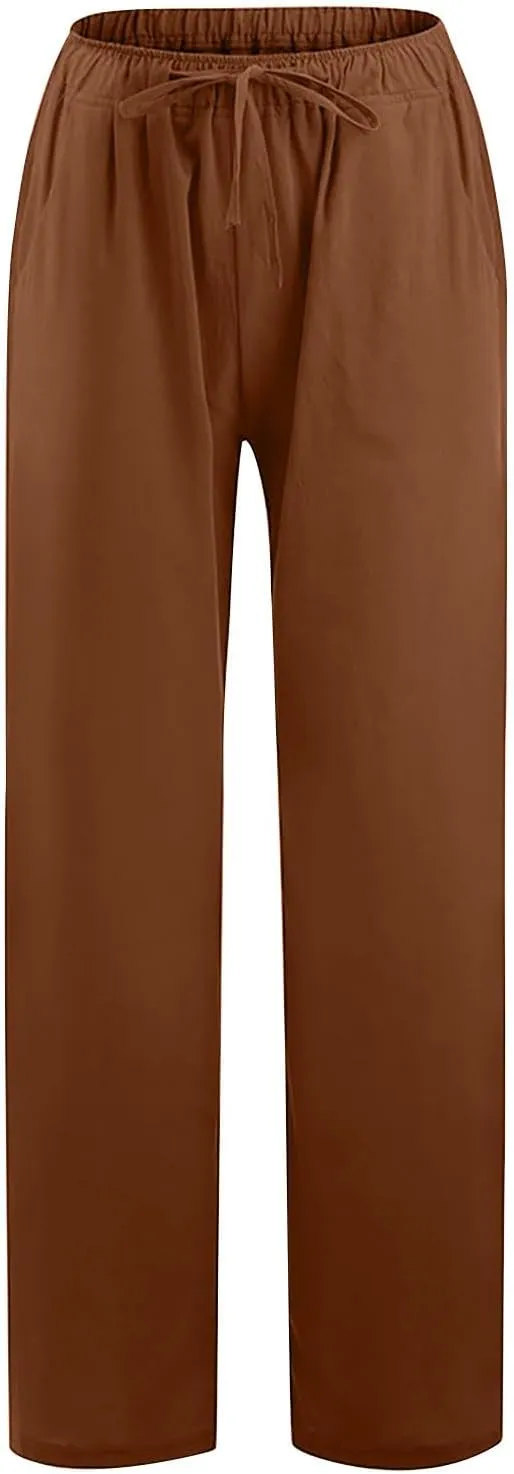 Linen Pants Women 2024 Summer Wide Leg Casual Palazzo Trousers Drawstring Elastic Waist Beach Vacation Outfits