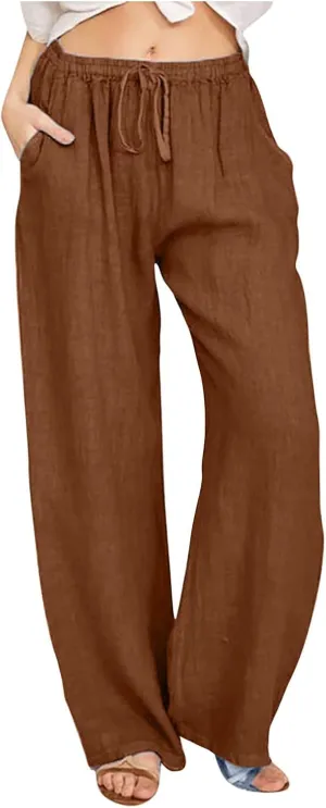 Linen Pants Women 2024 Summer Wide Leg Casual Palazzo Trousers Drawstring Elastic Waist Beach Vacation Outfits