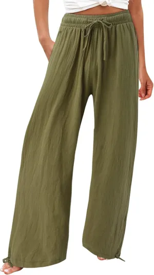 Linen Pants Women 2025 Summer Drawstring Elastic High Waist Baggy Beach Pants Wide Leg Flowy Pants with Pockets