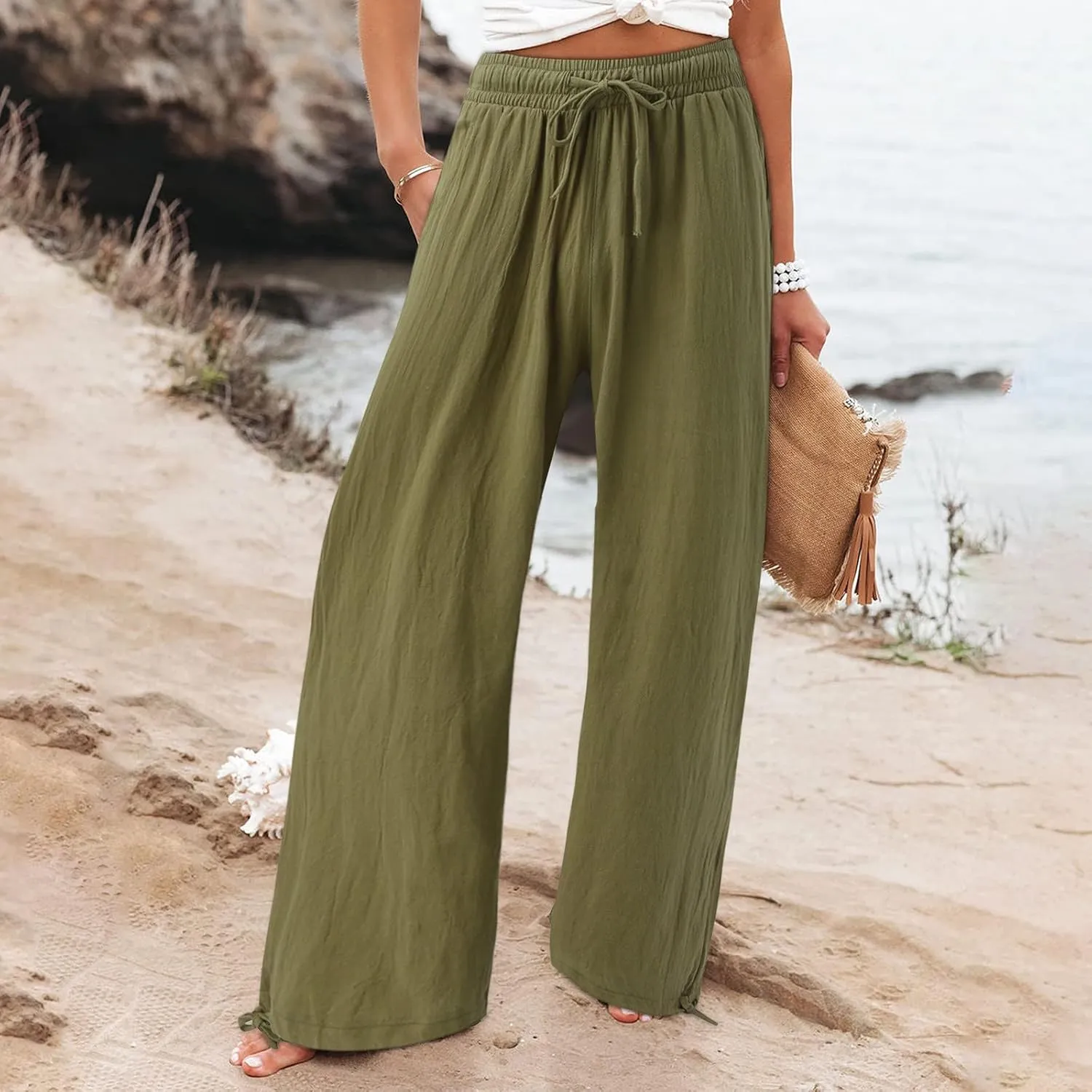 Linen Pants Women 2025 Summer Drawstring Elastic High Waist Baggy Beach Pants Wide Leg Flowy Pants with Pockets