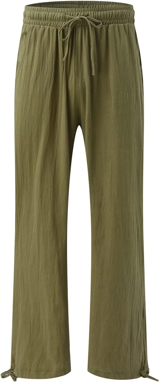 Linen Pants Women 2025 Summer Drawstring Elastic High Waist Baggy Beach Pants Wide Leg Flowy Pants with Pockets