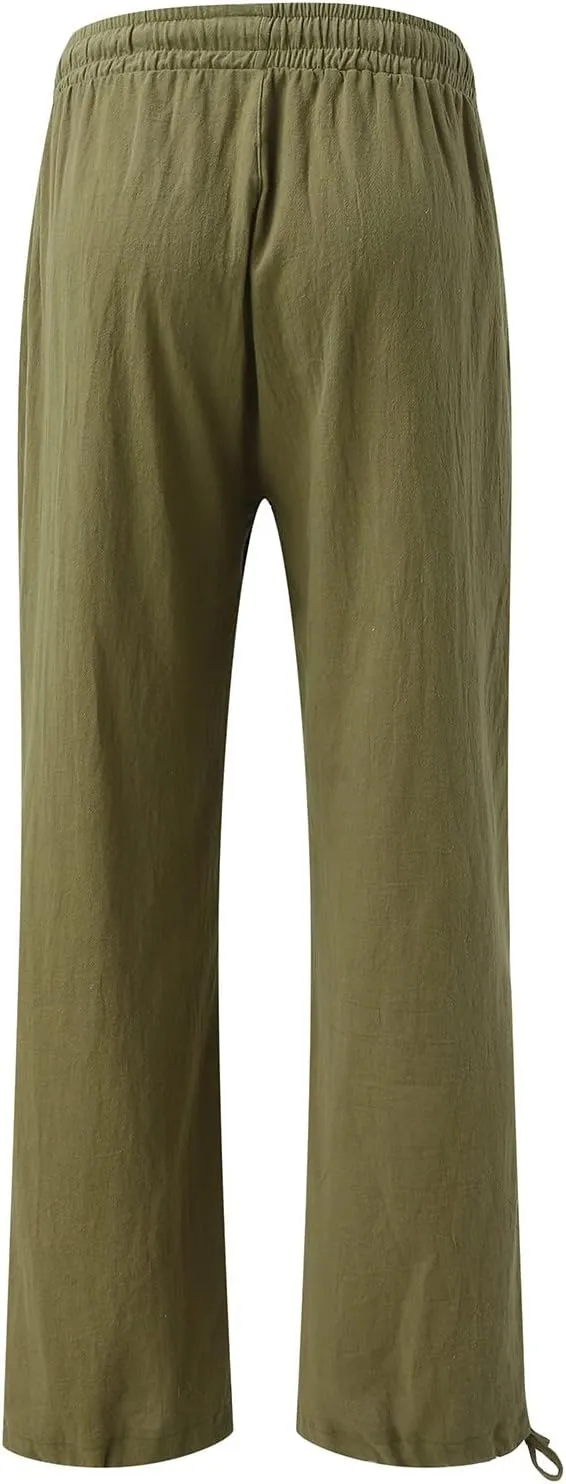 Linen Pants Women 2025 Summer Drawstring Elastic High Waist Baggy Beach Pants Wide Leg Flowy Pants with Pockets