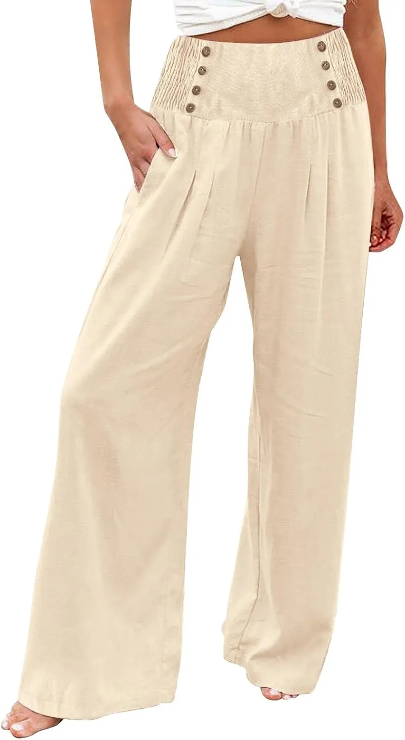 Linen Pants Women Comfy Flowy Wide Leg Pants Trousers Summer High Waisted Beach Palazzo Pants with Pockets 2025