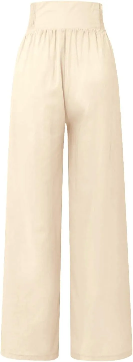 Linen Pants Women Comfy Flowy Wide Leg Pants Trousers Summer High Waisted Beach Palazzo Pants with Pockets 2025