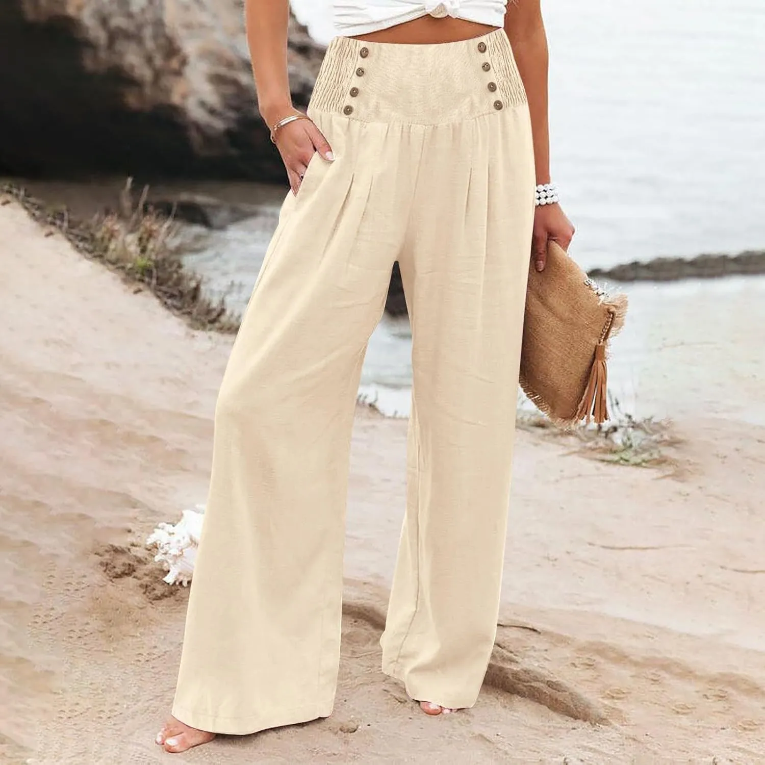 Linen Pants Women Comfy Flowy Wide Leg Pants Trousers Summer High Waisted Beach Palazzo Pants with Pockets 2025