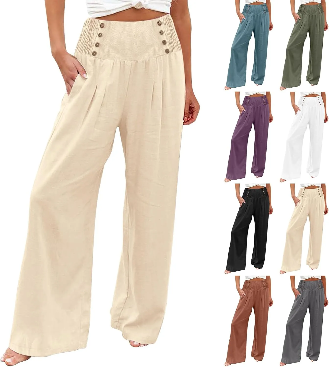 Linen Pants Women Comfy Flowy Wide Leg Pants Trousers Summer High Waisted Beach Palazzo Pants with Pockets 2025
