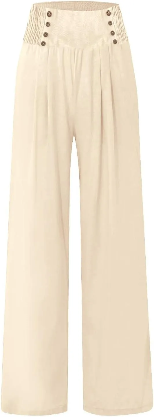 Linen Pants Women Comfy Flowy Wide Leg Pants Trousers Summer High Waisted Beach Palazzo Pants with Pockets 2025