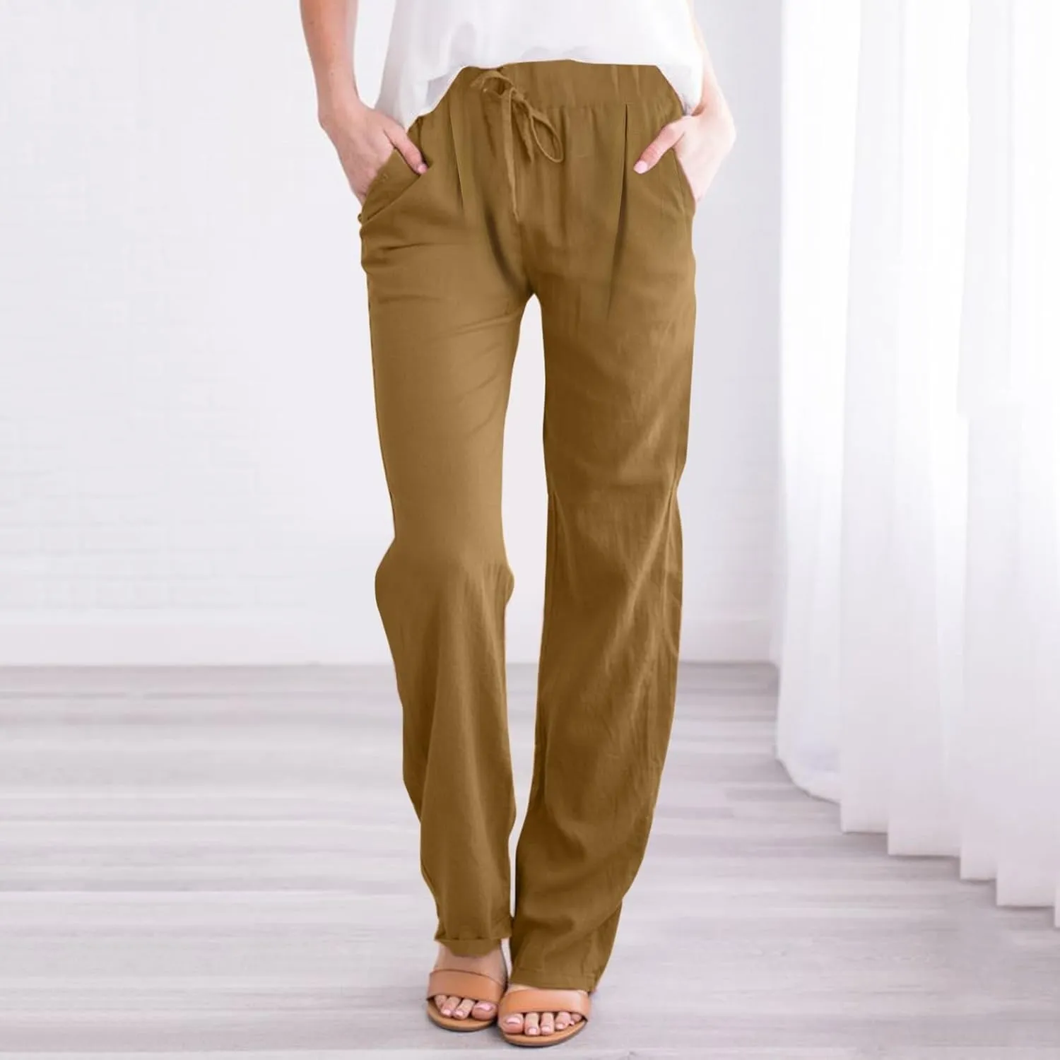 Linen Pants Women Cotton Linen Straight Leg Lightweight Pants Summer Pants Plus Size Women Loose Fit Trousers