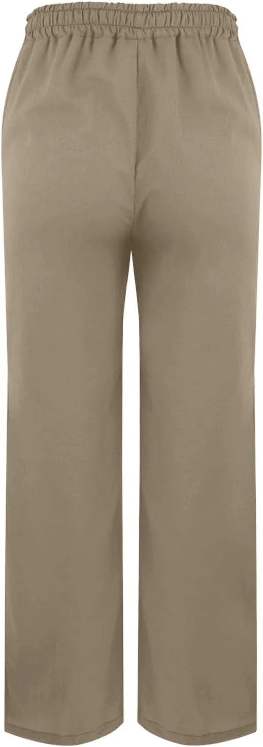 Linen Pants Women High Waist Drawstring Trousers Straight Leg Pants Side Slit Elastic Waist Slacks with Pockets