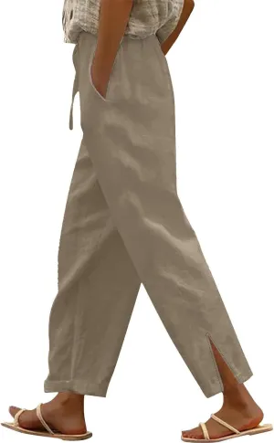 Linen Pants Women High Waist Drawstring Trousers Straight Leg Pants Side Slit Elastic Waist Slacks with Pockets