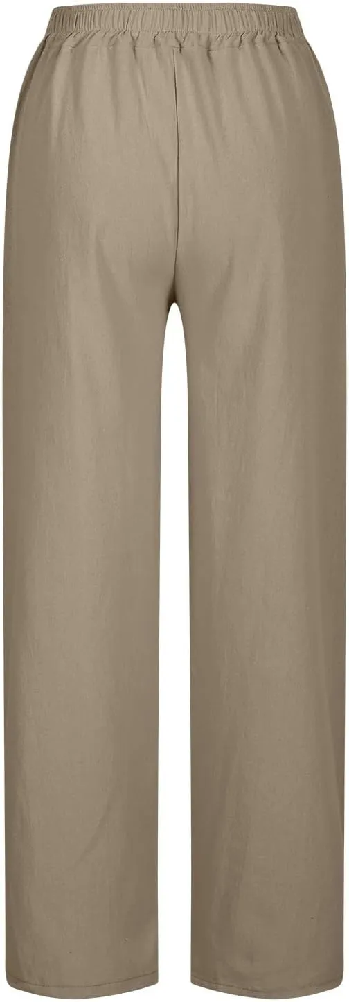 Linen Pants Women High Waist Drawstring Trousers Straight Leg Pants Side Slit Elastic Waist Slacks with Pockets