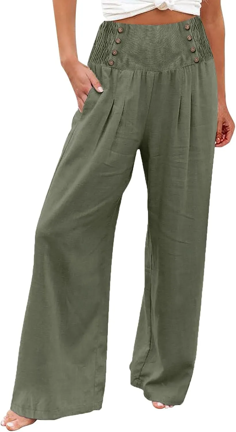 Linen Pants Women Plus Size Boho Women's Loose Trousers Linen High Waist Wide Leg Pants Pockets for Spring Summer